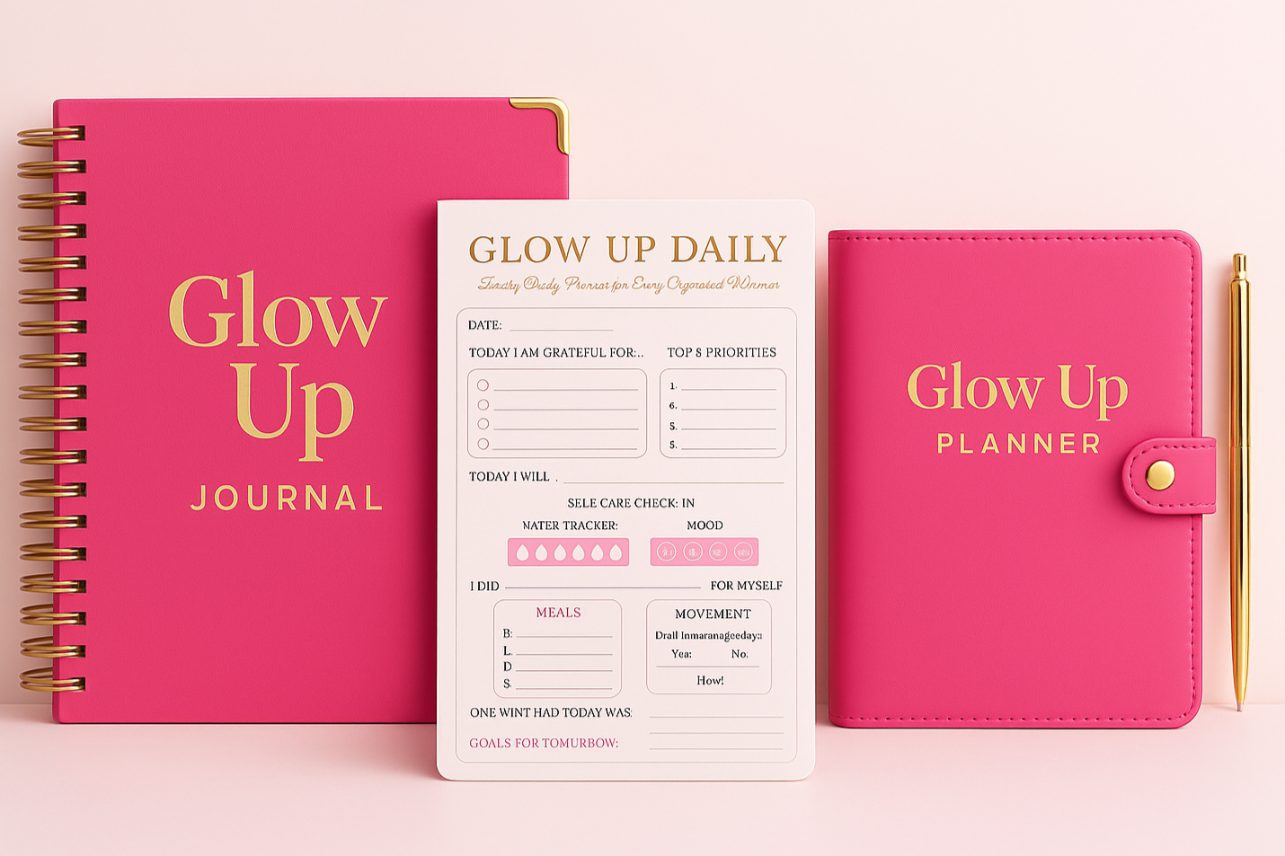 Pink 'Glow Up' journal and planner with a pen on a light pink background